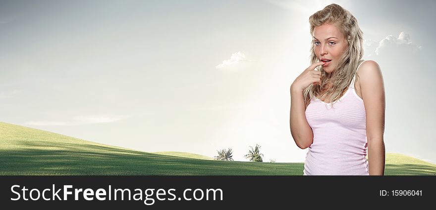 High key portrait of young beautiful woman in summer environment. High key portrait of young beautiful woman in summer environment