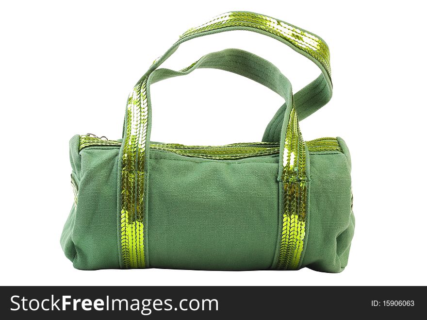 Green textile female handbag. Isolated on white background. Green textile female handbag. Isolated on white background