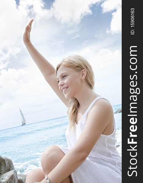 Portrait of nice young woman  having good time on tropical beach. Portrait of nice young woman  having good time on tropical beach