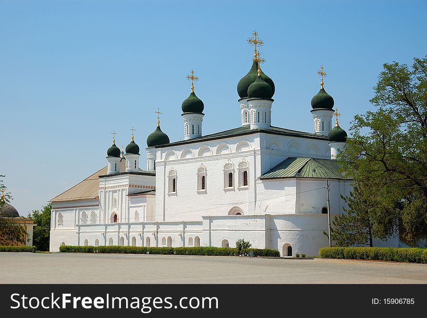 Cathedral with dark cupolas and gold crosses in Russia. Cathedral with dark cupolas and gold crosses in Russia