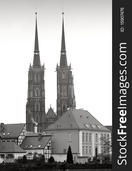 Black and white cathedral building in Wroclaw. Country Poland