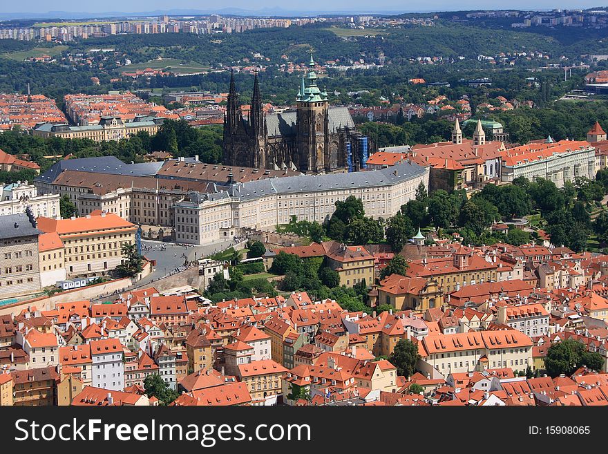 View of St. Vitus Cathedral and castle in Prague. View of St. Vitus Cathedral and castle in Prague