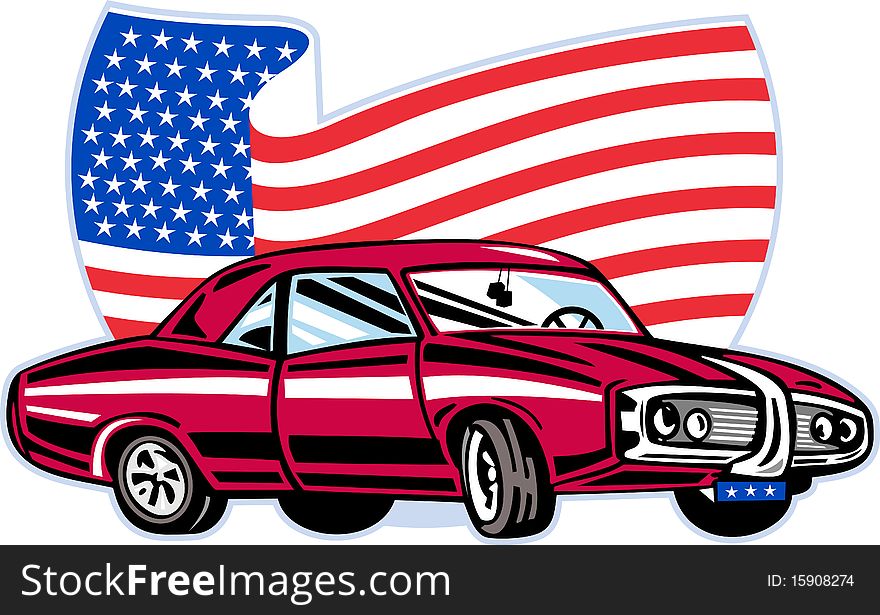 Graphic design illustration of an American pontiac muscle car with stars and stripes flag isolated on white