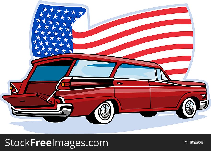 Graphic design illustration of a 1950's styled station wagon isolated on white viewed from low angle done in retro style