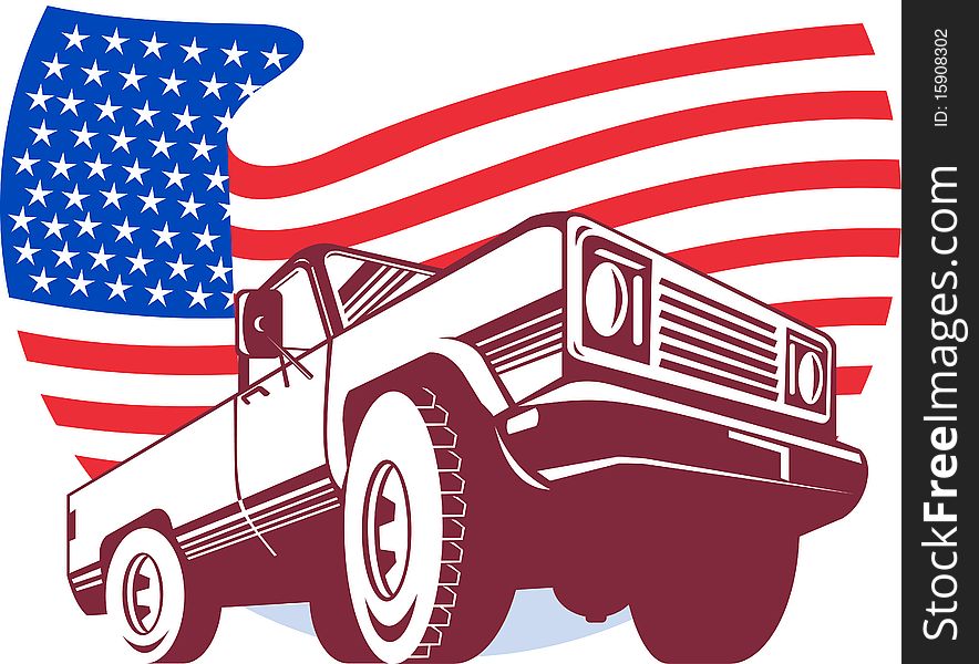 Graphic design illustration of an American Pickup truck with stars and stripes flag isolated on white viewed from low angle done in retro style. Graphic design illustration of an American Pickup truck with stars and stripes flag isolated on white viewed from low angle done in retro style