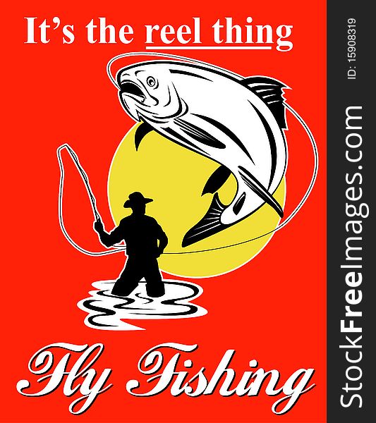 Graphic design illustration of Fly fisherman catching trout with fly reel with text wording   it's the reel thing and 
fly fishingset inside a red rectangle done in retro style