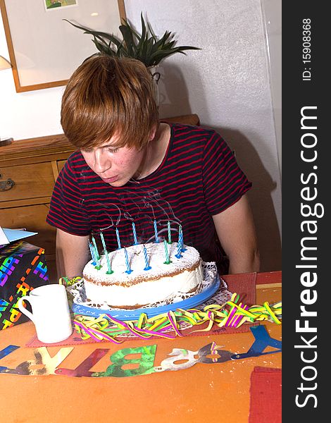 Boy blows out his birthday candles on the cake