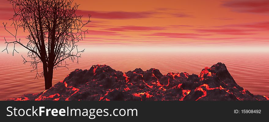 Landscape volcano and tree black