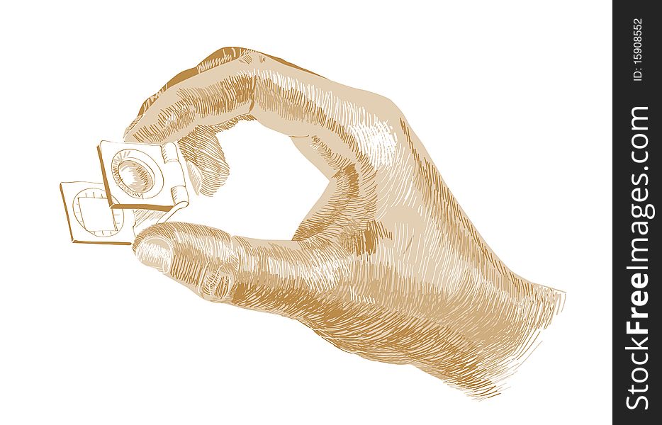 Golden hand holding a magnifying glass. Golden hand holding a magnifying glass