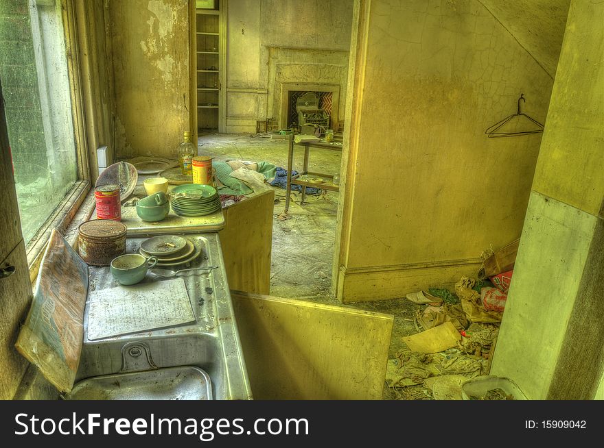 An HDR photo of an abandoned kitchen. An HDR photo of an abandoned kitchen