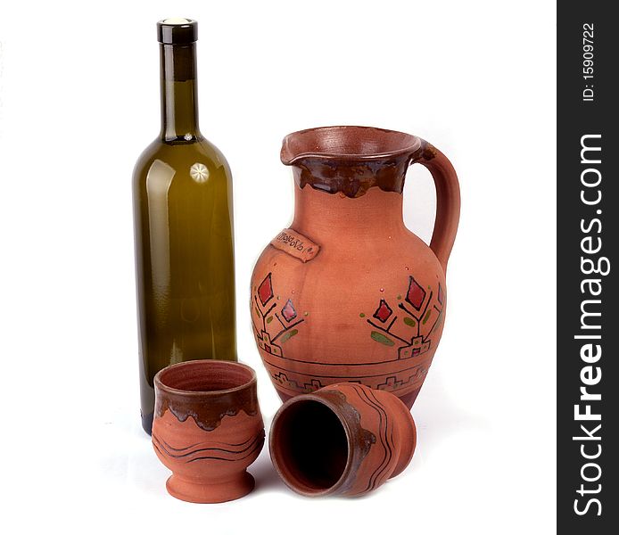 Wine Bottle, Clay Pot And Cup