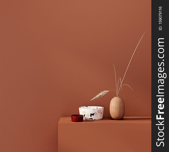 Interior decoration with vases  on a background of a teracotta wall