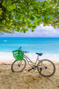 Lonely Vintage Bicycle On The Tropical  Sandy Beach By A Palm Tree With Sky And Calm Sea At Background, Vertical Composition Stock Photos