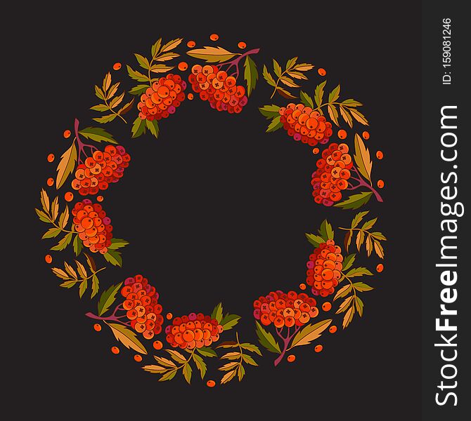 Decorative round frame rowan branch, leaves and red berries. Autumn design for greeting cards, posters, design of social networks. Red forest berries in the vector. Forest ornament