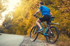 Man Cyclist Rides In The Forest On A Mountain Bike. Royalty Free Stock Photos