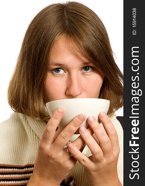 Portrait of adorable woman drinking over white. Portrait of adorable woman drinking over white
