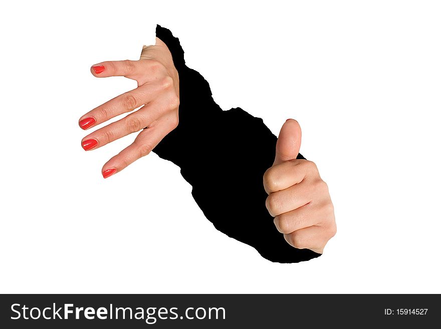 Hands on the white background with a hole. Hands on the white background with a hole