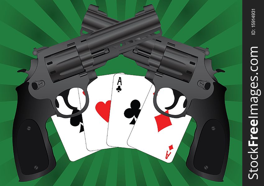 Two pistols and aces.  illustration