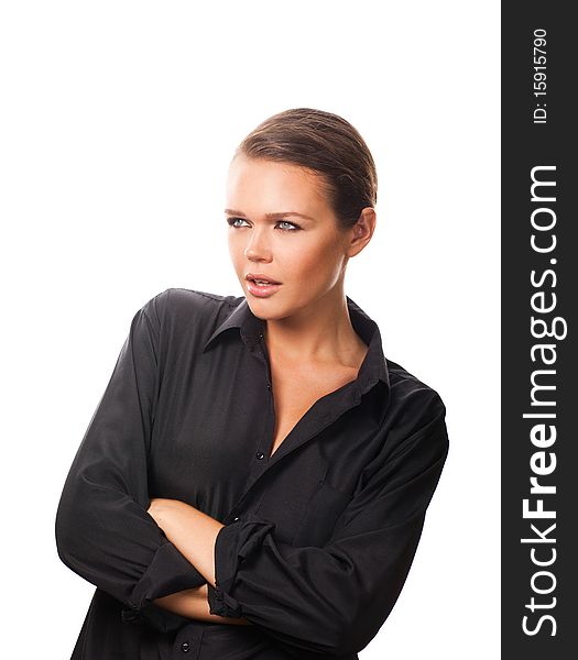 Attractive young adult wearing black shirt isolated on white background. Attractive young adult wearing black shirt isolated on white background