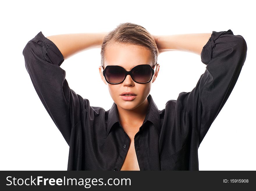 Sexy female wearing glasses and black shirt isolated on white background. Sexy female wearing glasses and black shirt isolated on white background