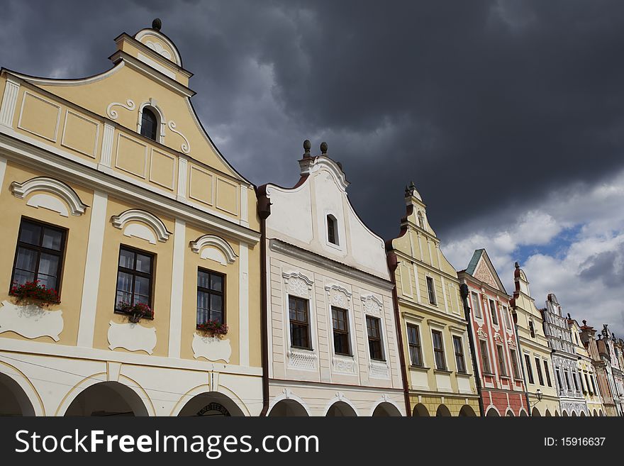 Historic houses in the town square in Telc, Czech Republic, September 2010. Historic houses in the town square in Telc, Czech Republic, September 2010