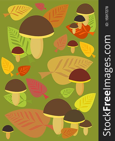 Autumn background with mushrooms and leaves in forest