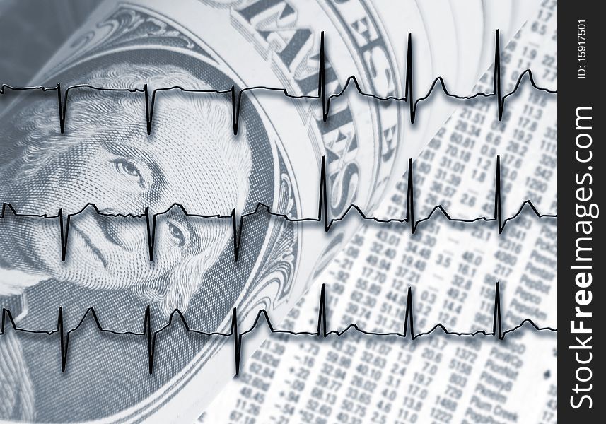 United States dollar bill overlaid with ECG graph. United States dollar bill overlaid with ECG graph