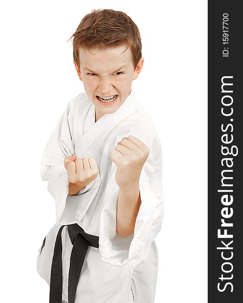 Young boy training karate. Isolated on white background. Young boy training karate. Isolated on white background