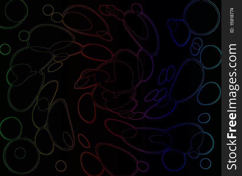 Coloured outlines of bubbles on a black background. Coloured outlines of bubbles on a black background