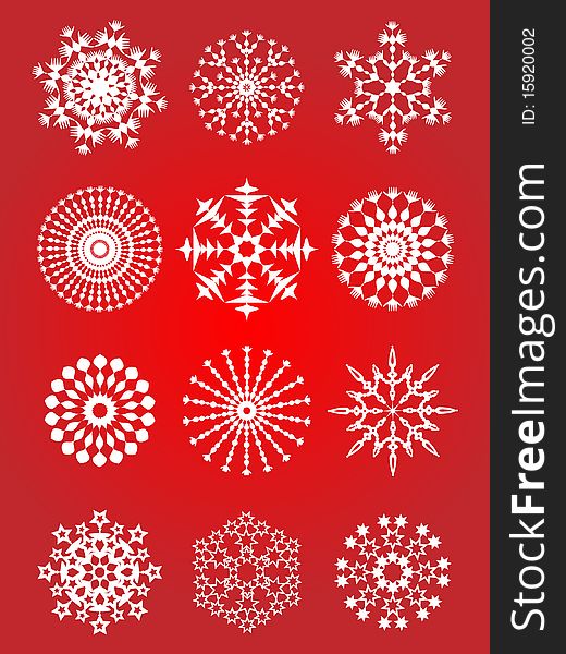 Vector illustration, collection white snowflake on a red background. Vector illustration, collection white snowflake on a red background