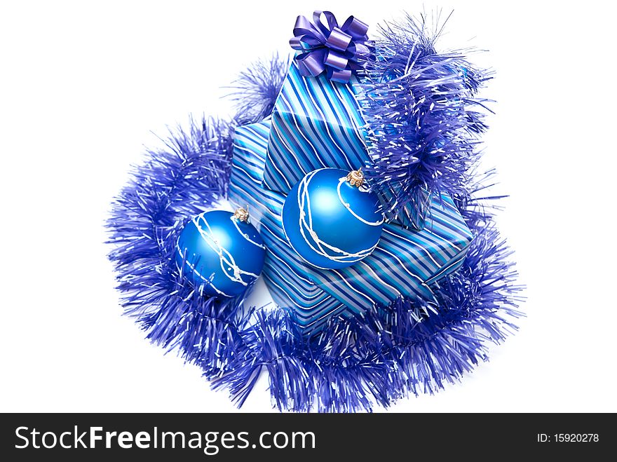 Blue gifts boxes with christmas decoration. Isolated on white background. Blue gifts boxes with christmas decoration. Isolated on white background