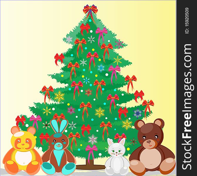 New Year tree and soft toys. Vector illustration