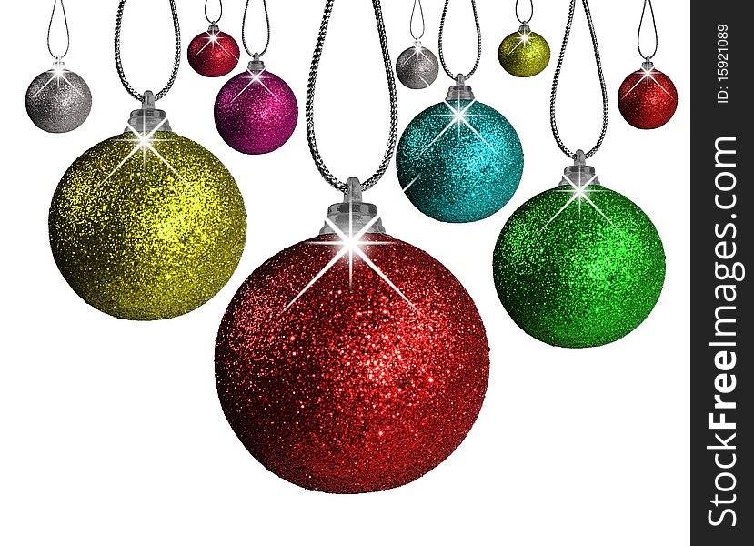 Christmas balls in different colors and sizes on a white background with space for text