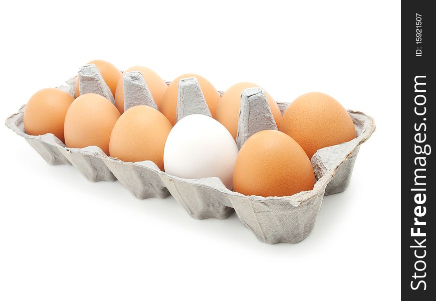 Eggs in a carton on white background