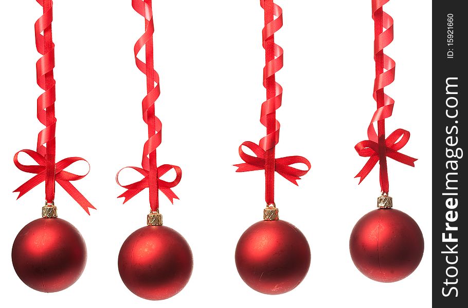Christmas balls  with ribbons and bow on white background