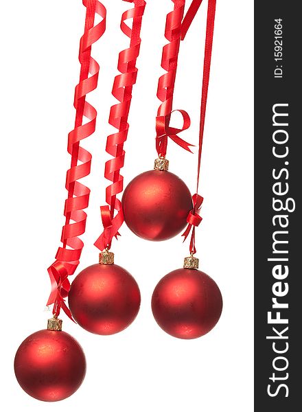 Christmas balls  with ribbons and bow on white background