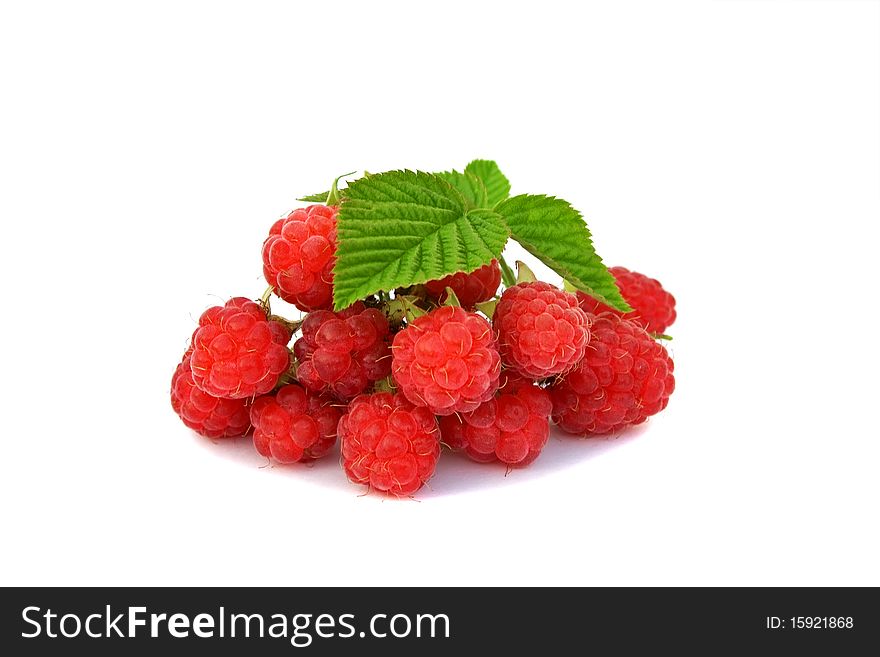 Raspberry With Green Leaf Isolated On The White