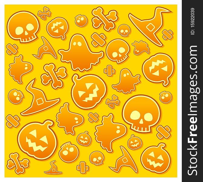 Halloween background with skull, pumpkin, bone, hat and ghost in yellow, illustratiom