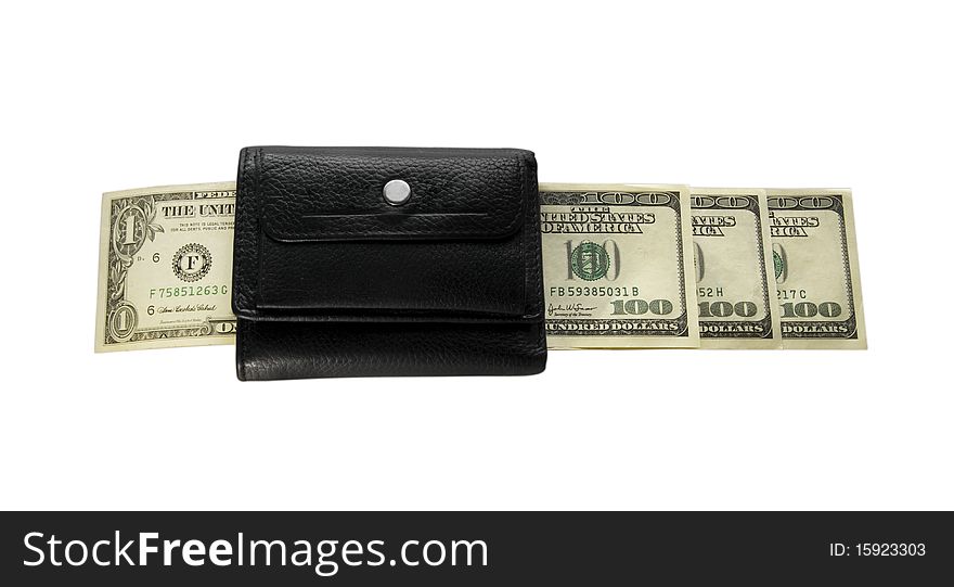 Black leather purse on white isolated background, looks from purse Dolar. Black leather purse on white isolated background, looks from purse Dolar