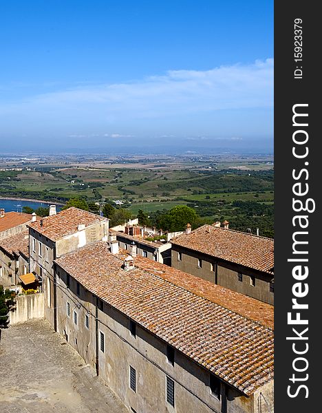 The ancient village of Populonia and the Gulf of Baratti. The ancient village of Populonia and the Gulf of Baratti