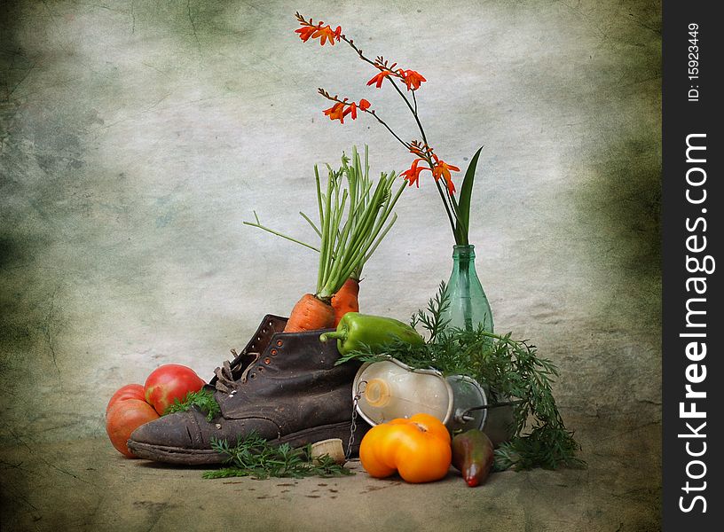 Still life consists of old boot, carrot, tomatoes, pepper and flower
