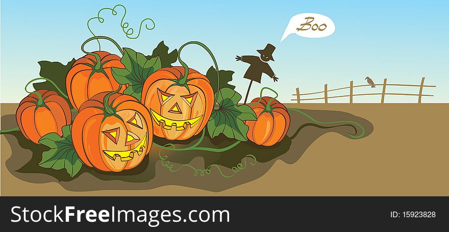 Scary Halloween illustration with pumpkins and scarecrow.