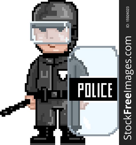 Pixel art Vector illustration of police MAT. Artwork is composed of editable squares. Artwork is clearly and crisply readable in both large and tiny sizes. Pixel art Vector illustration of police MAT. Artwork is composed of editable squares. Artwork is clearly and crisply readable in both large and tiny sizes.