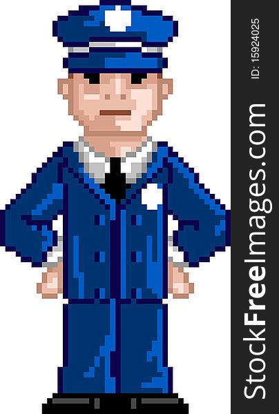 Pixel art Vector illustration of police man. Artwork is composed of editable squares. Artwork is clearly and crisply readable in both large and tiny sizes. Pixel art Vector illustration of police man. Artwork is composed of editable squares. Artwork is clearly and crisply readable in both large and tiny sizes.