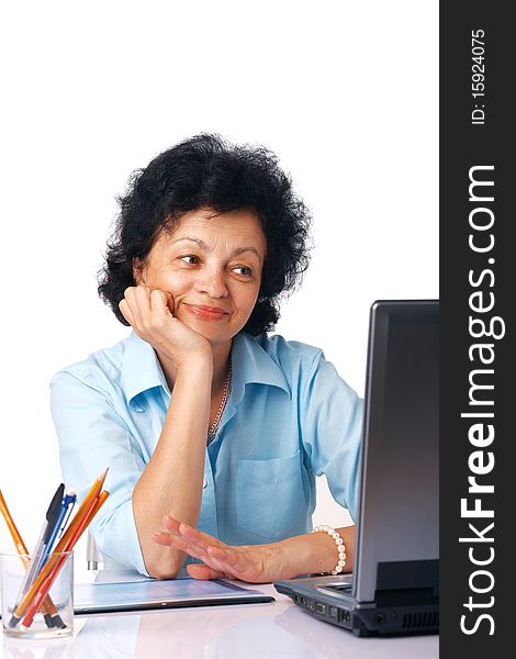 Elder woman looking on her laptop over white background. Elder woman looking on her laptop over white background.