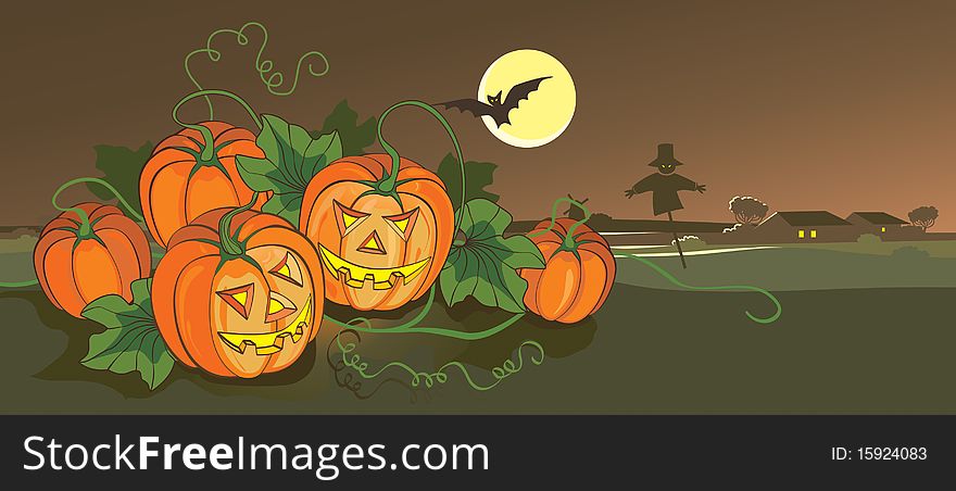 Scary Halloween illustration with pumpkins and scarecrow.