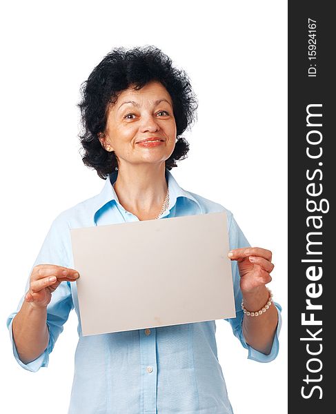 An elderly woman showing a blank billboard on white background. An elderly woman showing a blank billboard on white background