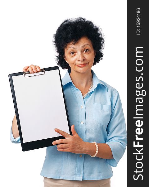 Elder woman holding a clipboard and showing something over white. Elder woman holding a clipboard and showing something over white.