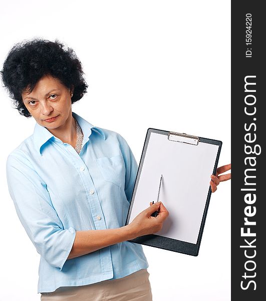 Serious elder woman holding a clipboard and showing something over white. Serious elder woman holding a clipboard and showing something over white.