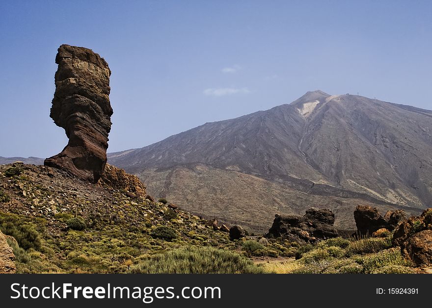 Rock Tree And View On Teide, Tenerife, Spain.